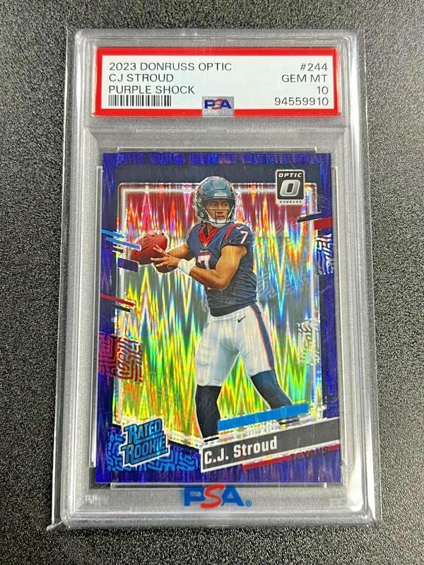 CJ Stroud 2023 Donruss Optic Rated Rookie Purple Shock Prizm PSA 10 RC #244 Gem view 1