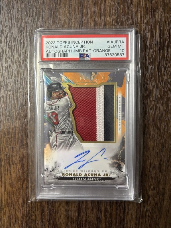 2023 Topps Inception Ronald Acuna Jr Jumbo Patch Auto Orange /25 PSA 10
