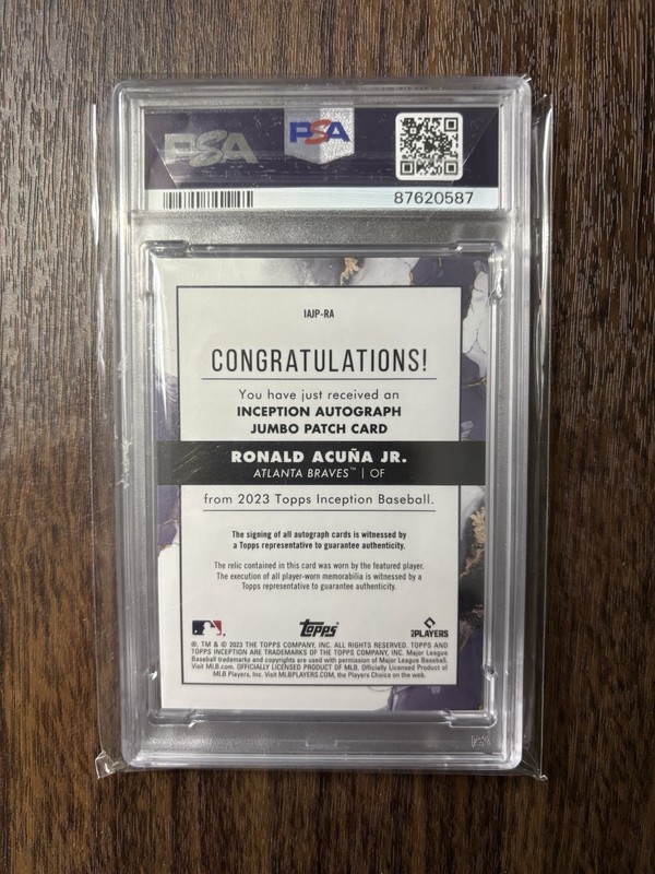 2023 Topps Inception Ronald Acuna Jr Jumbo Patch Auto Orange /25 PSA 10 view 2