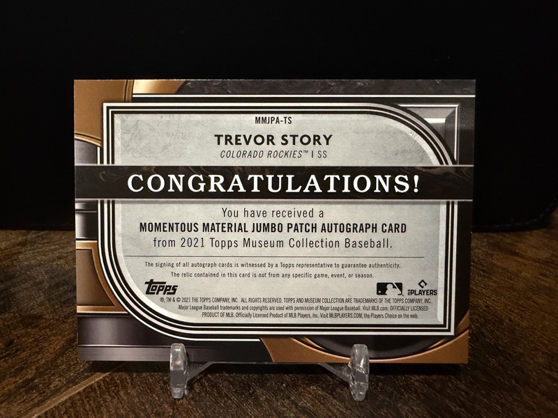 Trevor Story 2021 Topps Museum Momentous Game-Used Patch Auto Card 07/15 view 2
