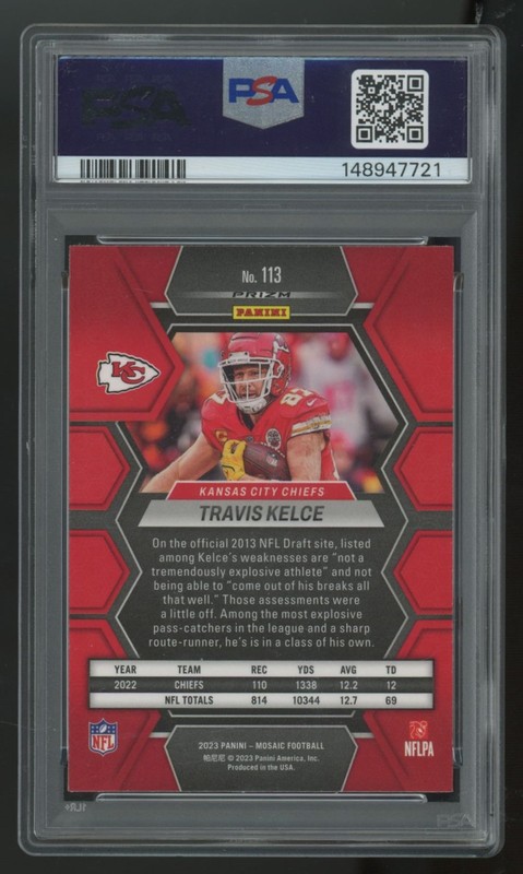 2023 Panini Mosaic Travis Kelce Genesis SSP #113 PSA 10 view 2