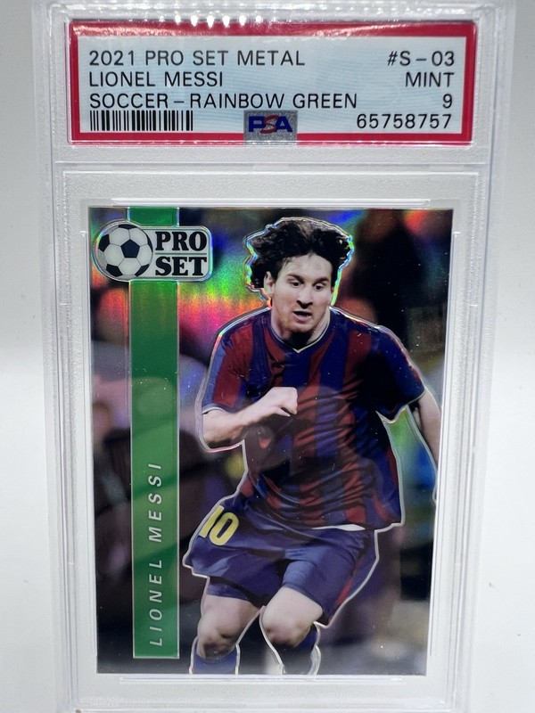 Lionel Messi 2021 Pro Set Metal Rainbow Green 10/25 #S-03, PSA 9 POP 9