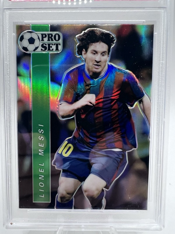 Lionel Messi 2021 Pro Set Metal Rainbow Green 10/25 #S-03, PSA 9 POP 9 view 2