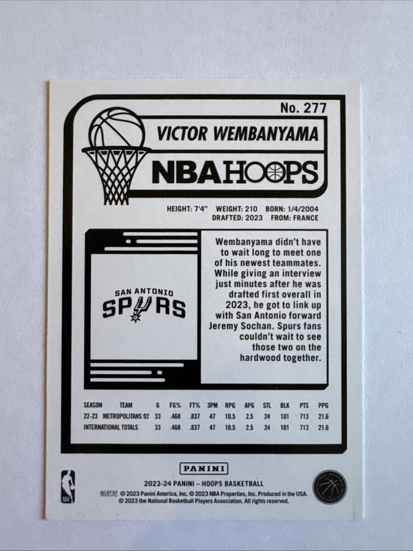 2023-24 Panini NBA Hoops - Rookies Victor Wembanyama #277 (RC) view 2
