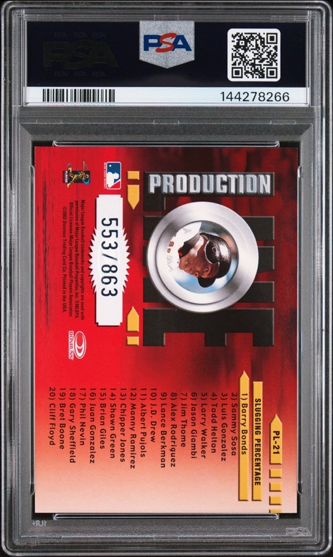 2002 DONRUSS #PL-21 PRODUCTION LINE /863 Barry Bonds SP Insert PSA 9 (pop 1) view 2