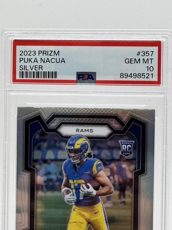 2023 Panini Prizm Puka Nacua Silver Prizm RC #357 PSA 10 Rams view 2