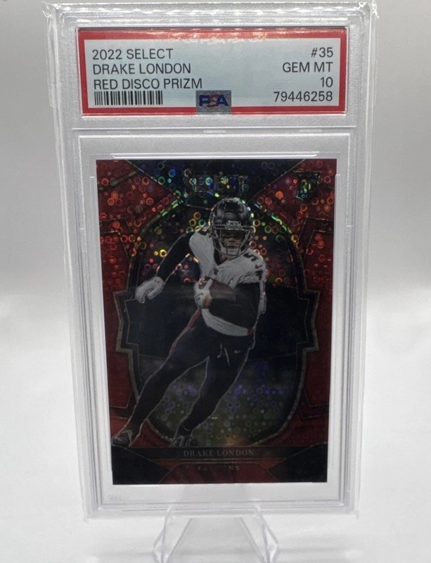 Panini 2022 Select Drake London RC Red Disco Prizm Concourse /49 #35 PSA 10