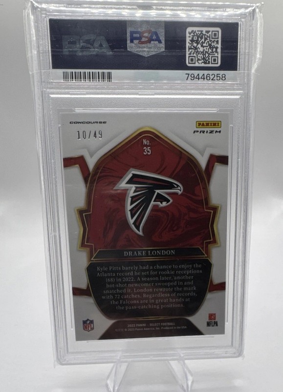 Panini 2022 Select Drake London RC Red Disco Prizm Concourse /49 #35 PSA 10 view 2
