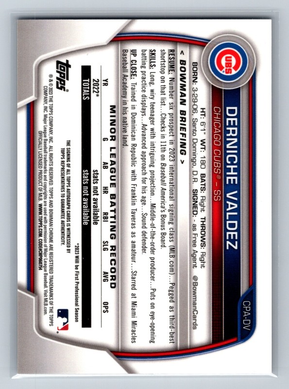 Derniche Valdez 2023 Bowman Chrome 1st Auto #CPA-DV Cubs view 2