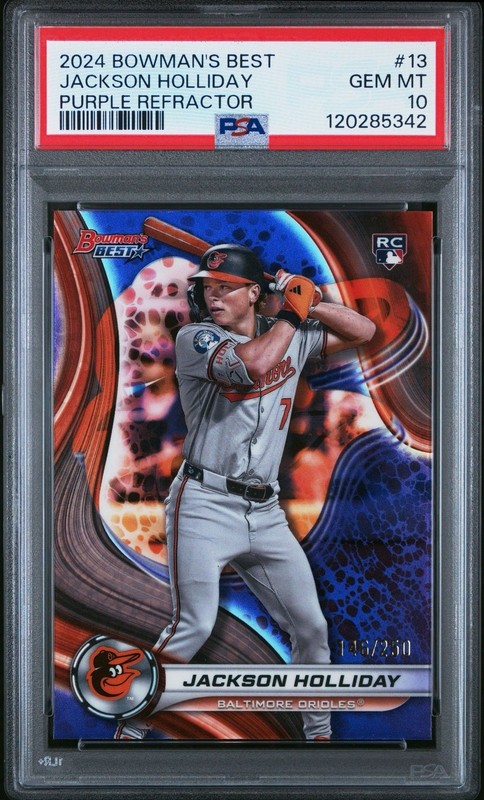 2024 Bowman’s Best Rookie Jackson Holliday Purple Refractor #/250 PSA 10 (RC) view 1