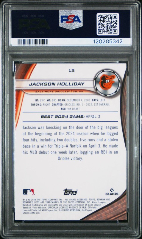 2024 Bowman’s Best Rookie Jackson Holliday Purple Refractor #/250 PSA 10 (RC) view 2