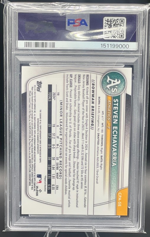 2025 Bowman Chrome Baseball Steven Echavarria Green Shimmer Auto /99 - PSA 10 view 2