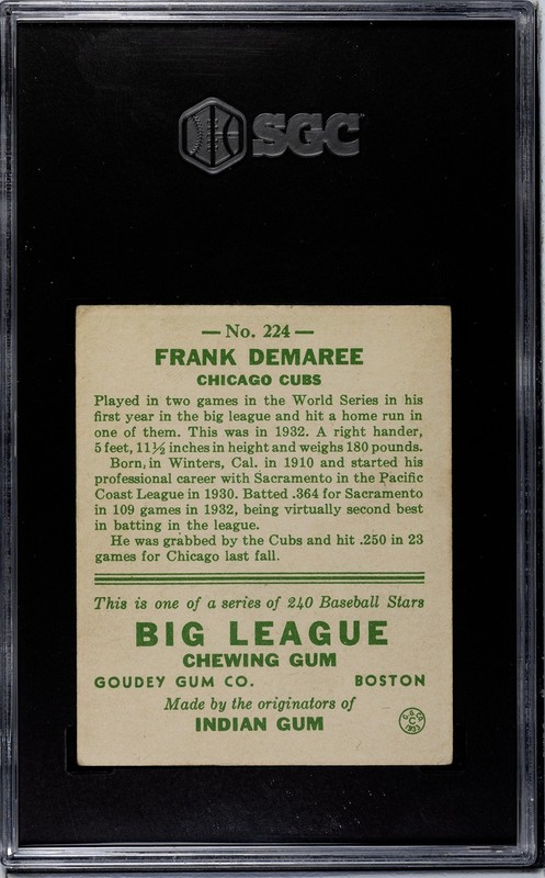 1933 GOUDEY  FRANK DEMAREE  #224  SGC 4 view 2