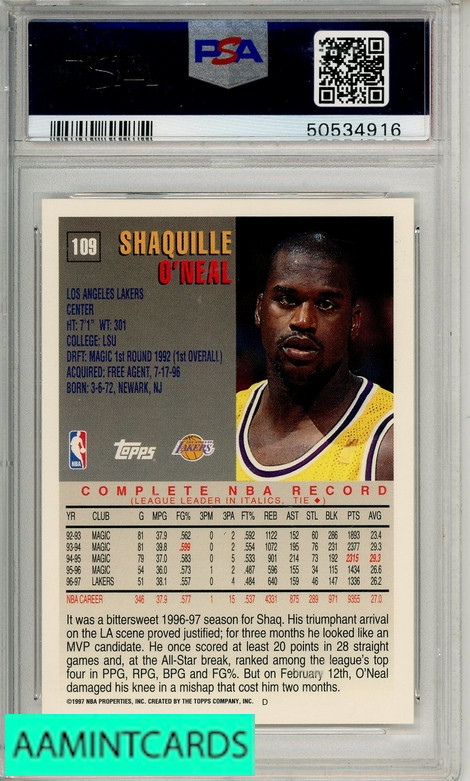 1997 TOPPS SHAQUILLE O NEAL #109 PSA 10 GEM MT view 2