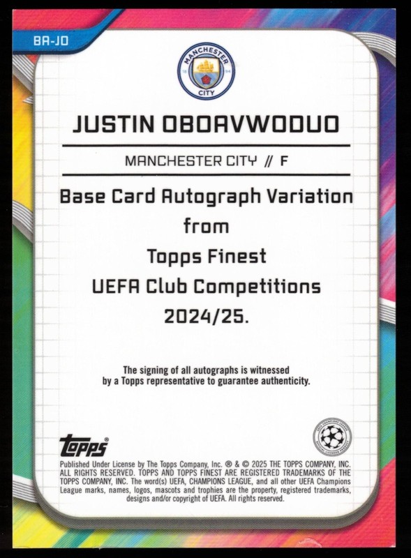 Justin Oboavwoduo 2024-25 Finest UEFA Club Autographs Purple Shimmer /199 #BA-JO view 2