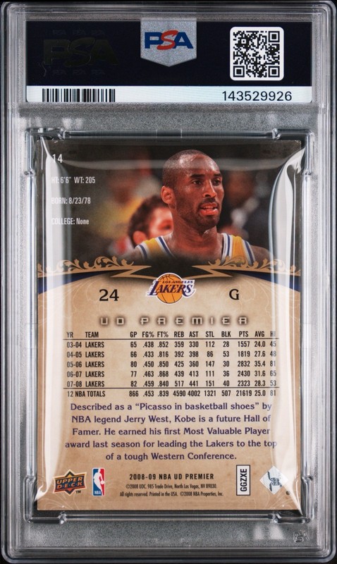 2008-09 Upper Deck UD Premier Kobe Bryant /99 PSA 8 Pop 6, 6 Higher Mamba #14 view 2