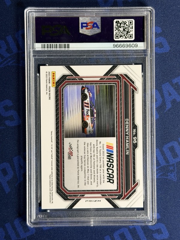 2023 Panini Prizm Silver NASCAR Denny Hamlin Auto Car PSA 10 POP 4 #96  FedEx view 2