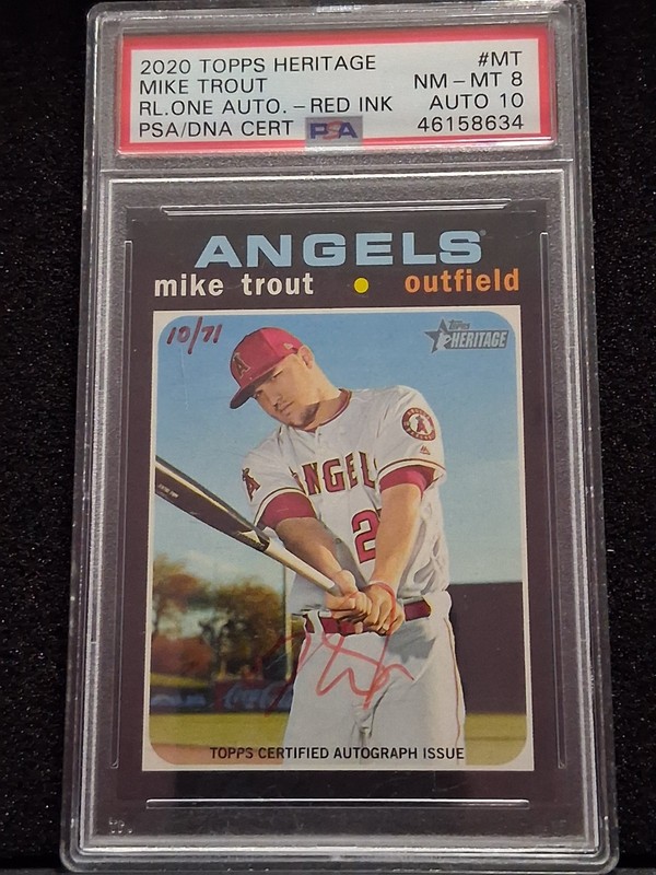 2020 Topps Heritage Mike Trout Real One Auto Red Ink PSA 8 Auto 10 SP#10/71 Set