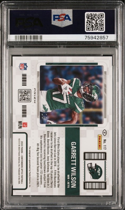 Garrett Wilson 2022 Contenders Optic Cracked Ice Auto RC PSA 10 Jersey #d 17/22 view 2