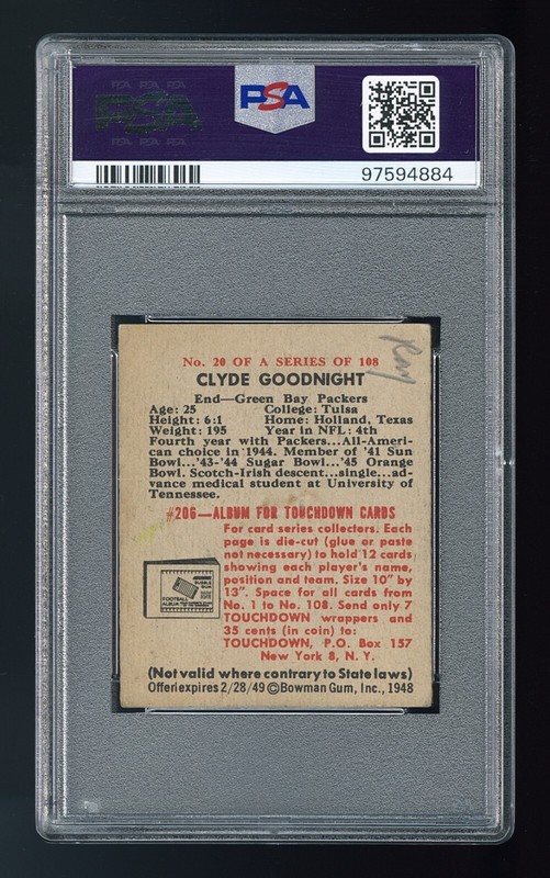 1948 Bowman #20 Clyde Goodnight Autographed PSA/DNA Green Bay Packers Auto Card view 2