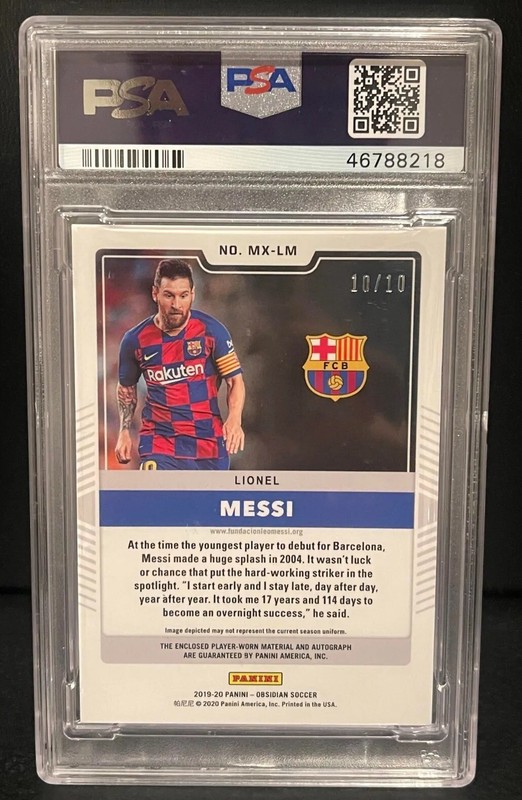 2019 Panini Obsidian Matrix E/E Orange Lionel Messi Auto Patch #10/10 PSA 9 view 2