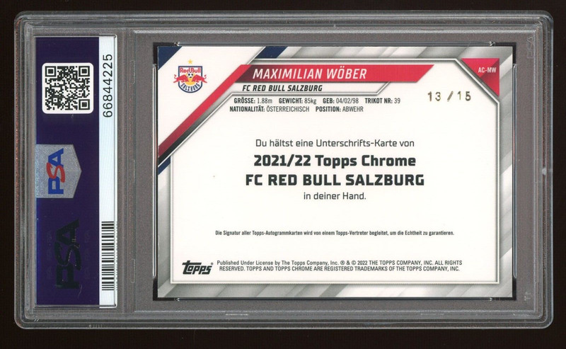 2021 Topps Chrome Salzburg Maximilian Wober Black Ref Rookie Auto /15 PSA 9 MINT view 2