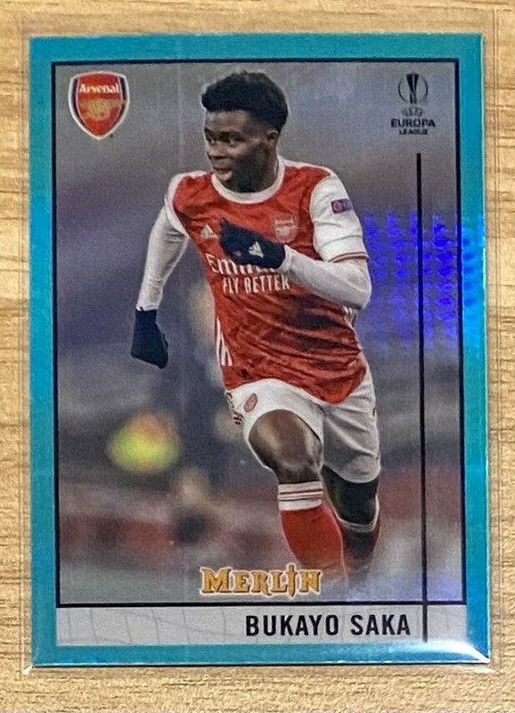 Bukayo Saka 2020-21 Topps Chrome Merlin UEFA Aqua Prism Refractor