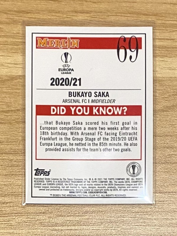 Bukayo Saka 2020-21 Topps Chrome Merlin UEFA Aqua Prism Refractor view 2