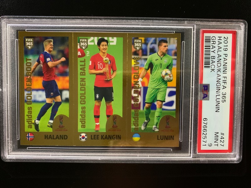 2019 Panini FIFA 365 Erling Haaland Rookie Card RC Sticker 421 GRAY Back PSA 9