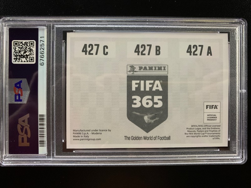 2019 Panini FIFA 365 Erling Haaland Rookie Card RC Sticker 421 GRAY Back PSA 9 view 2