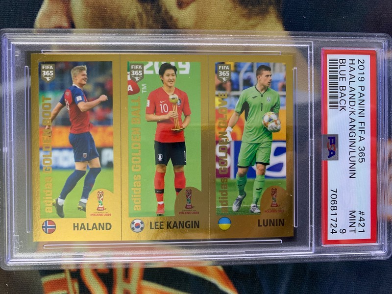 2019 Panini FIFA 365 Erling Haaland Rookie Card RC Sticker 421 BLUE Back PSA 9