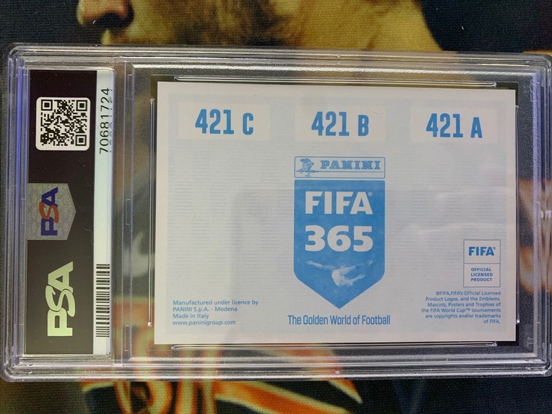 2019 Panini FIFA 365 Erling Haaland Rookie Card RC Sticker 421 BLUE Back PSA 9 view 2