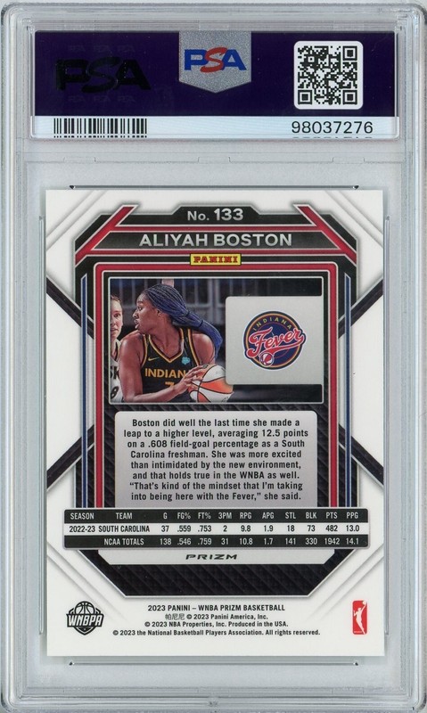 2023 Panini Prizm WNBA 133 Aliyah Boston Hyper RC PSA 9 Mint POP 11 view 2