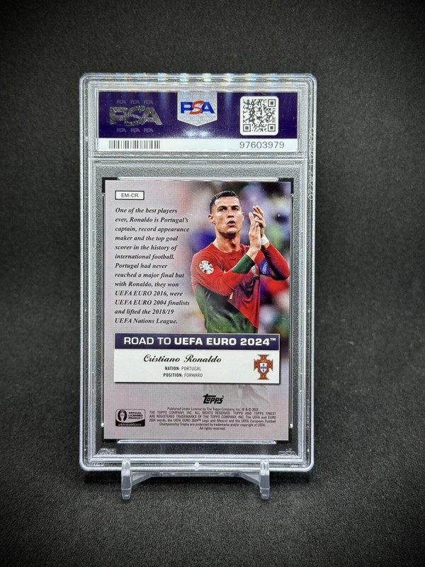 Cristiano Ronaldo 2023 Topps Finest Euro Rose Gold Refractor /75 SP PSA 10 view 2