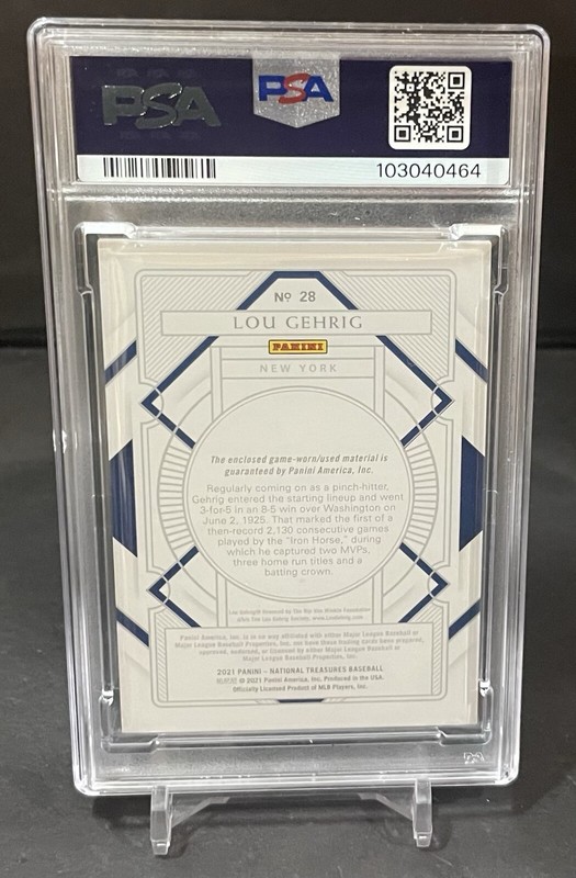2021 National Treasures Lou Gehrig Game Worn Jersey /10 Yankees Pinstripe PSA 9 view 2