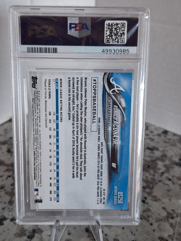 2018 Topps Update Ronald Acuna Jr #US250 Rookie RC At Bat Blue Jersey PSA 9 Mint view 2