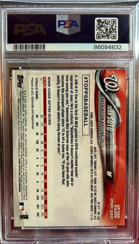 2018 TOPPS UPDATE RAINBOW FOIL #US300 JUAN SOTO RC PSA 9 view 2