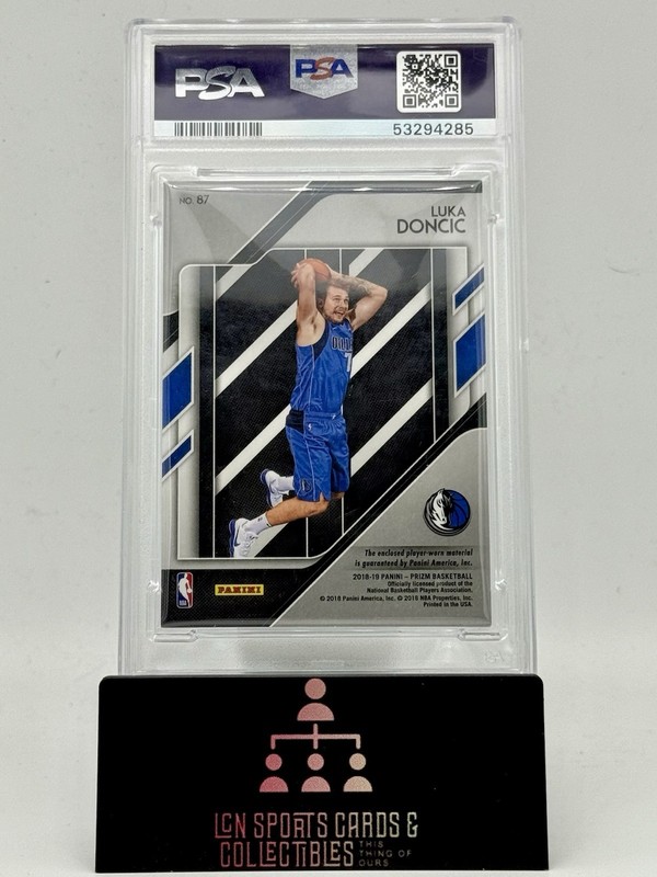 2018-19 Panini Prizm Basketball Luka Doncic Sensational Swatches RC PSA 9 view 2