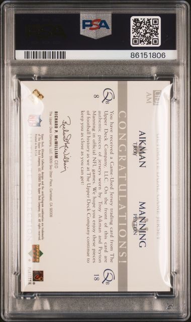 2003 Ultimate Collection /99 Dual Game Jersey Patch Manning Aikman Graded PSA 9 view 2