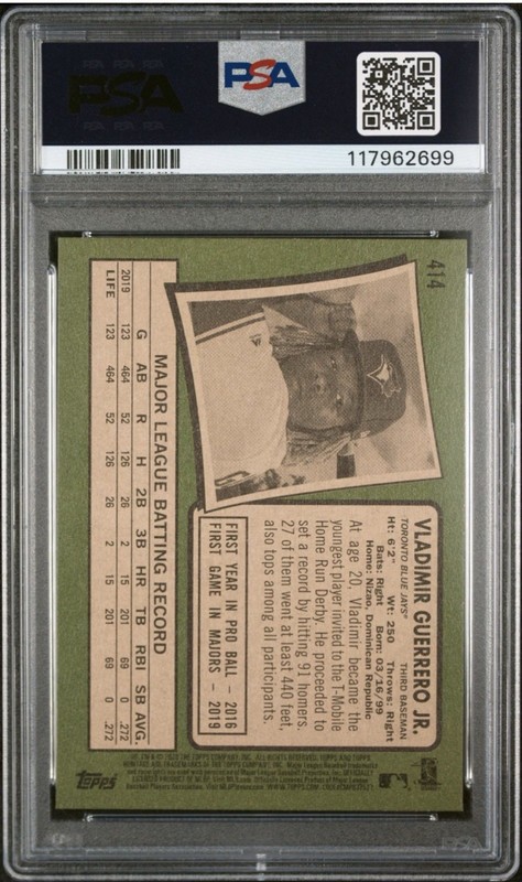 2020 Topps Heritage #414 Vladimir Guerrero Jr. PSA 10 view 2