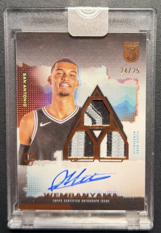 2024 Topps Three Victor Wembanyama Rc Rookie Triple Patch Auto /25 Spurs!