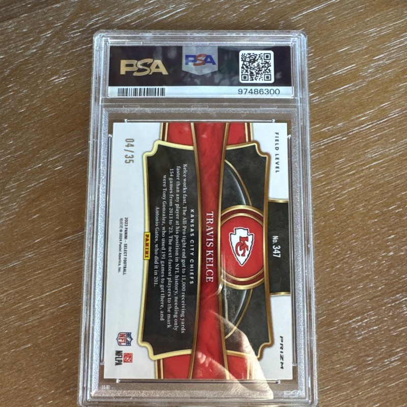 2023 Panini Select Travis Kelce White Prizm 35 Field Level #347 PSA 10 view 2