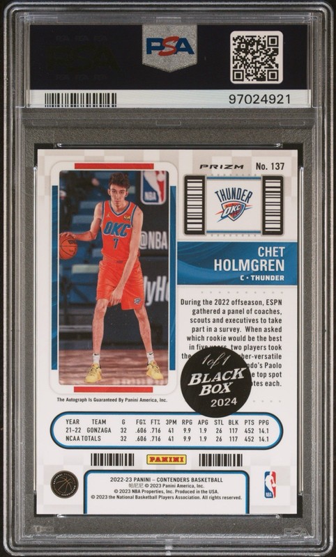 2024 Panini Black Box Chet Holmgren Contenders Blue Shimmer Auto 1/1 PSA 9 OKC view 2