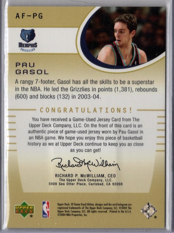 2004-2005 SP Game Used Basketball Pau Gasol Game-Used Grizzlies Jersey Card view 2
