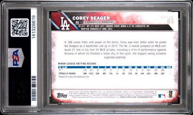 2016 Corey Seager Topps #85 LA Dodgers Graded PSA 10 GEM MINT view 2