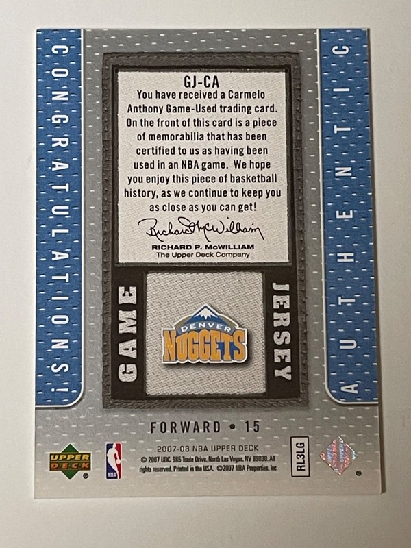 2007-08 Upper Deck Carmelo Anthony Game Used Jersey Card #GJ-CA Denver Nuggets view 2