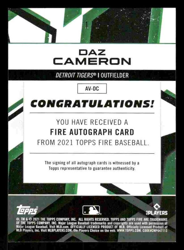 Daz Cameron - 2021 Topps Fire Baseball #AV-DC - Detroit Tigers - 1/1 Rookie Auto view 2
