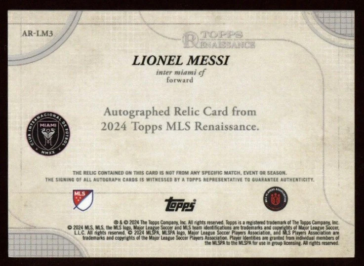 2024 Topps Renaissance Lionel Messi Jersey Patch Auto 3/10 Gold Inter Miami view 2