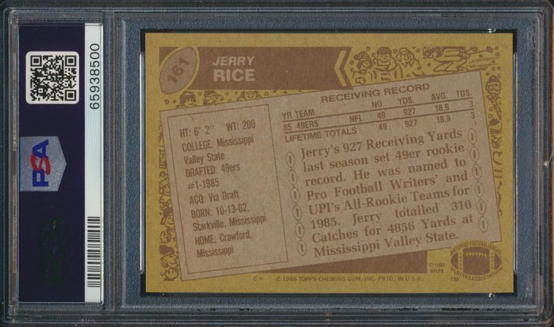 1986 TOPPS FOOTBALL #161 JERRY RICE RC PSA 8 NM-MT HOF ROOKIE view 2