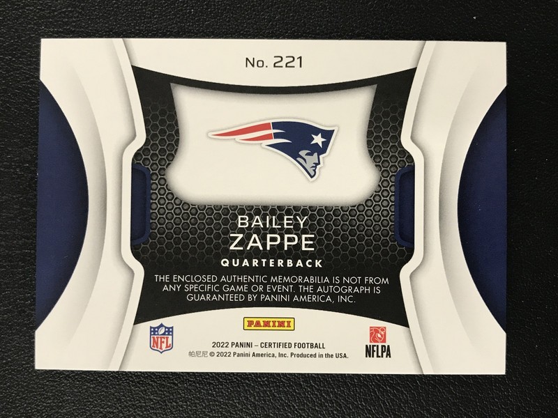 2022 Panini Certified #221 Bailey Zappe Mirror Pink Patch Auto /249 Patriots view 2